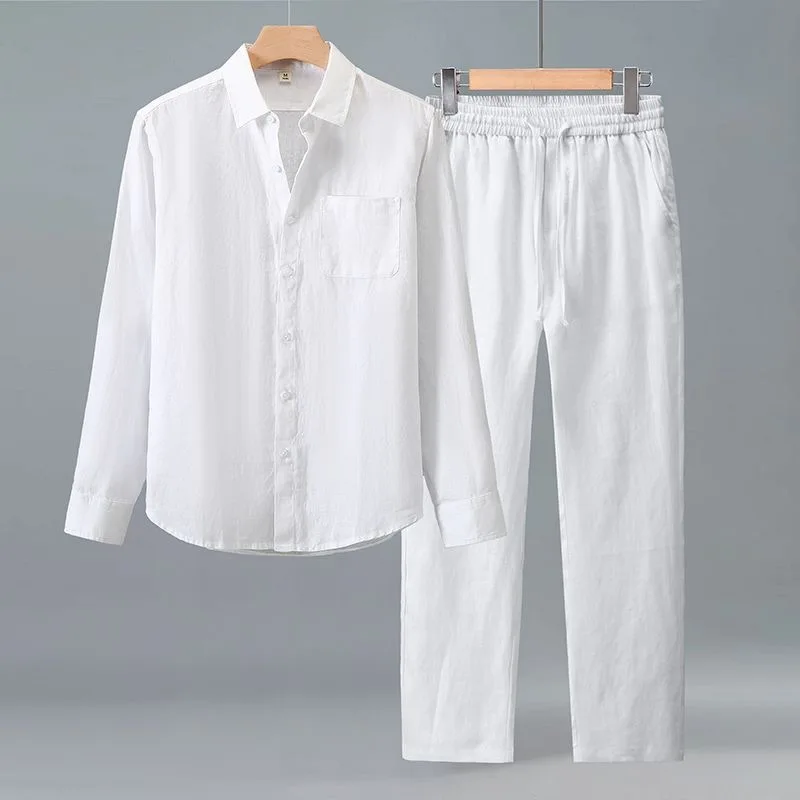 Spring Autumn Men's Linen Shirt Long Sleeve Loose Casual  Color High End Linen Material Shirt Jacket Set Youth Summer Fa...
