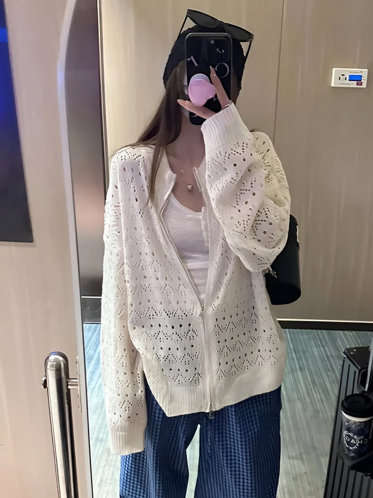 

Korean Fashion Thin Cardigan O Neck Zipper Solid Color Hook Flower Hollow Sweaters Loose All Match Knit Tops 2025 Women Clothing