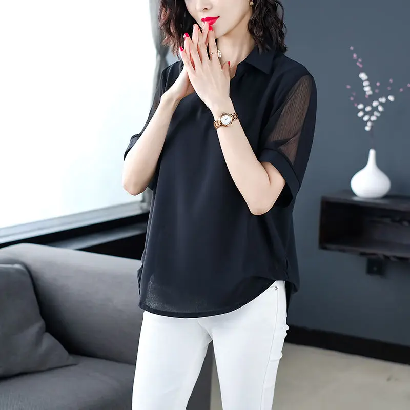 Fashion Lapel Solid Color Spliced Short Sleeve Oversized Chiffon Shirt Summer Casual Tops Loose Commute Women\'s Clothing Blouse