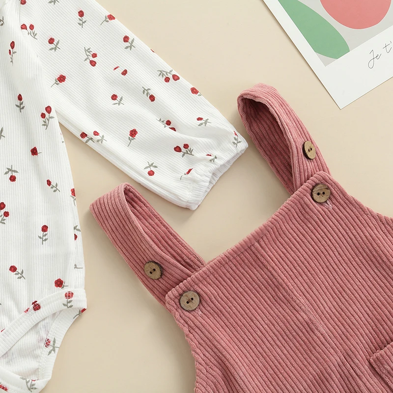 Infant Baby Clothing Girl Outfit Toddler Girls Clothes Floral Printed Romper Tops+Corduroy Suspender Dress Newborn Set