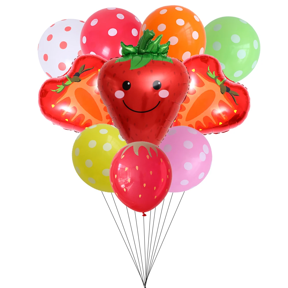

10Pcs/Set Strawberry Balloon Set Strawberry Foil Balloon Multiple Colors Wave Dot Balloon Summer Fruit Birthday Party Decoration
