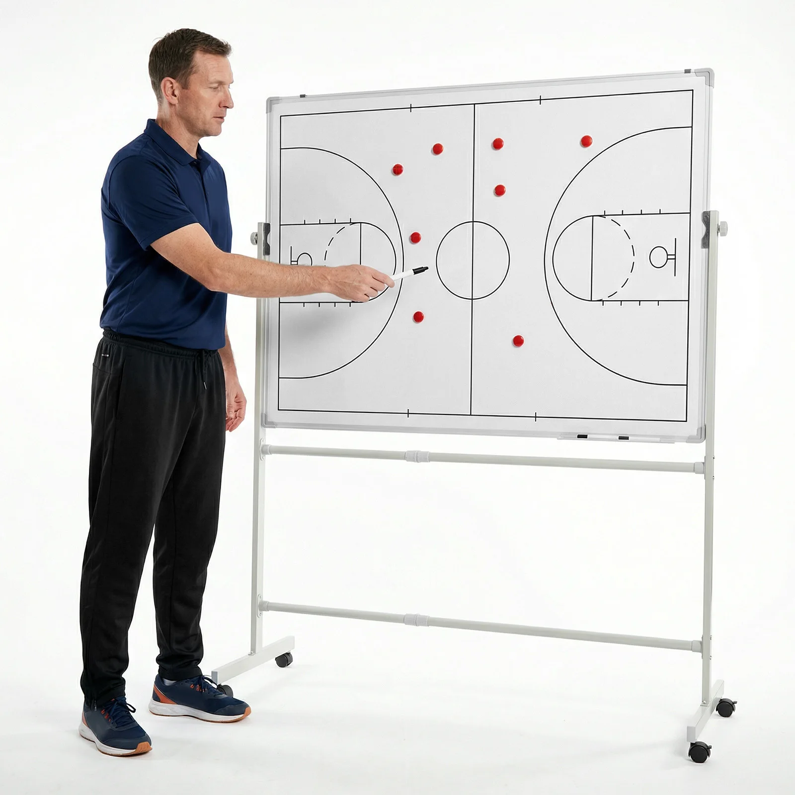 

Mobile Double-Sided Dry Erase Board 360 Degree Reversible Soccer Board Height Adjustable with Magnets Pen & Eraser for Coaches