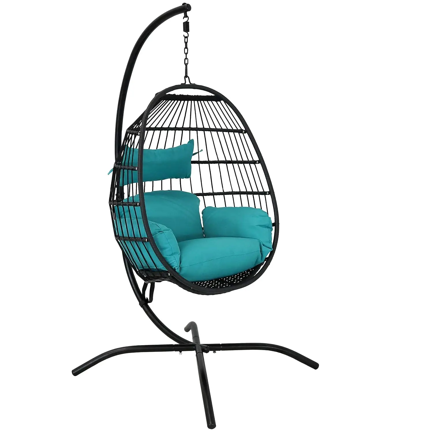 Resin Wicker Hanging Egg Chair with Steel Stand & Teal Cushion, Indoor Outdoor Patio Porch, 81" H, Customized