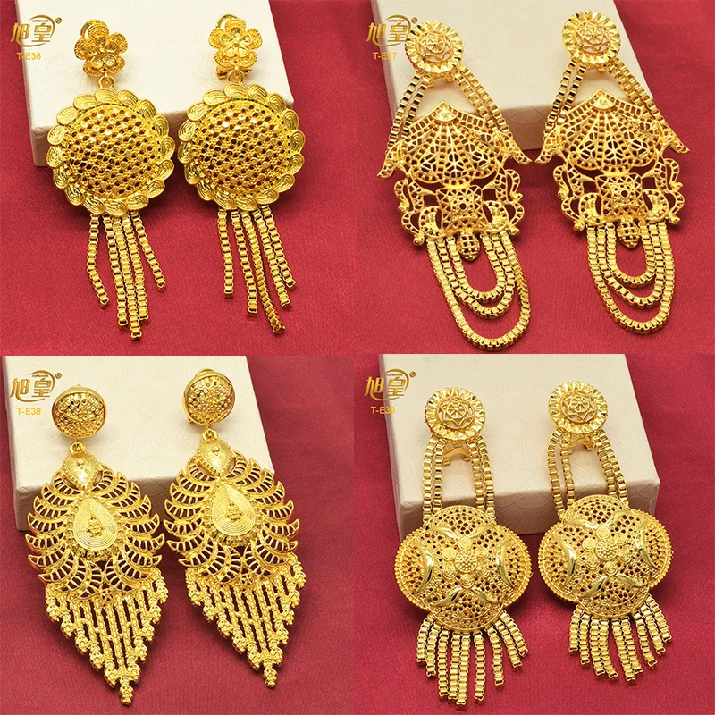 

XUHUANG Dubai Gold Plated Big Earrings For Women Arabic Charm Earring Pendant Tassels Bride Wedding Jewellery Gifts Wholesale