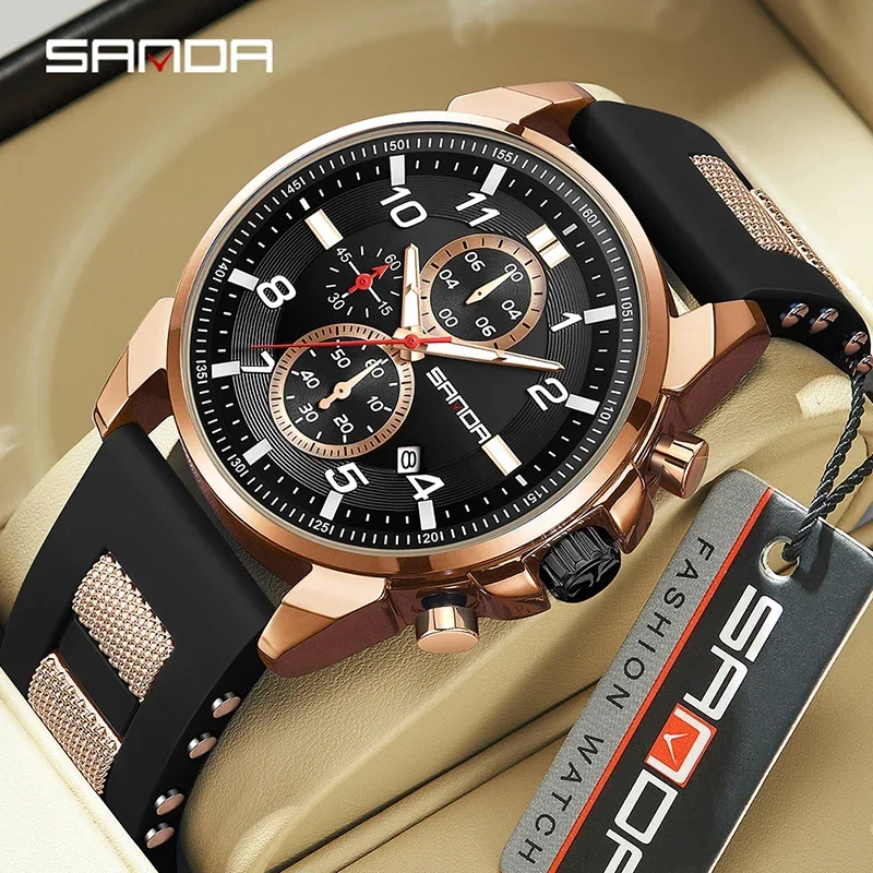 Sanda 5506 Mode schillernde coole Quarz Armbanduhr wasserdichte Stoppuhr Einfachheit rundes Zifferblatt Design Datum leuchtende Herren uhr