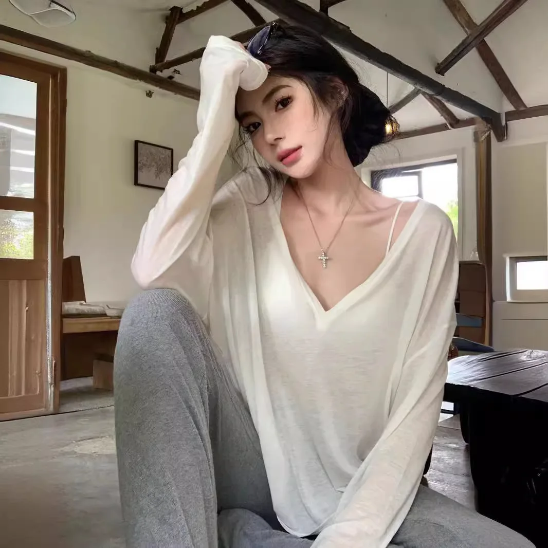 

Тонкая прозрачная футболка с длинным рукавом для женщин, летняя, свободная, повседневная, в корейском стиле, базовая, с защитой от солнца, топ-накидка для женщин