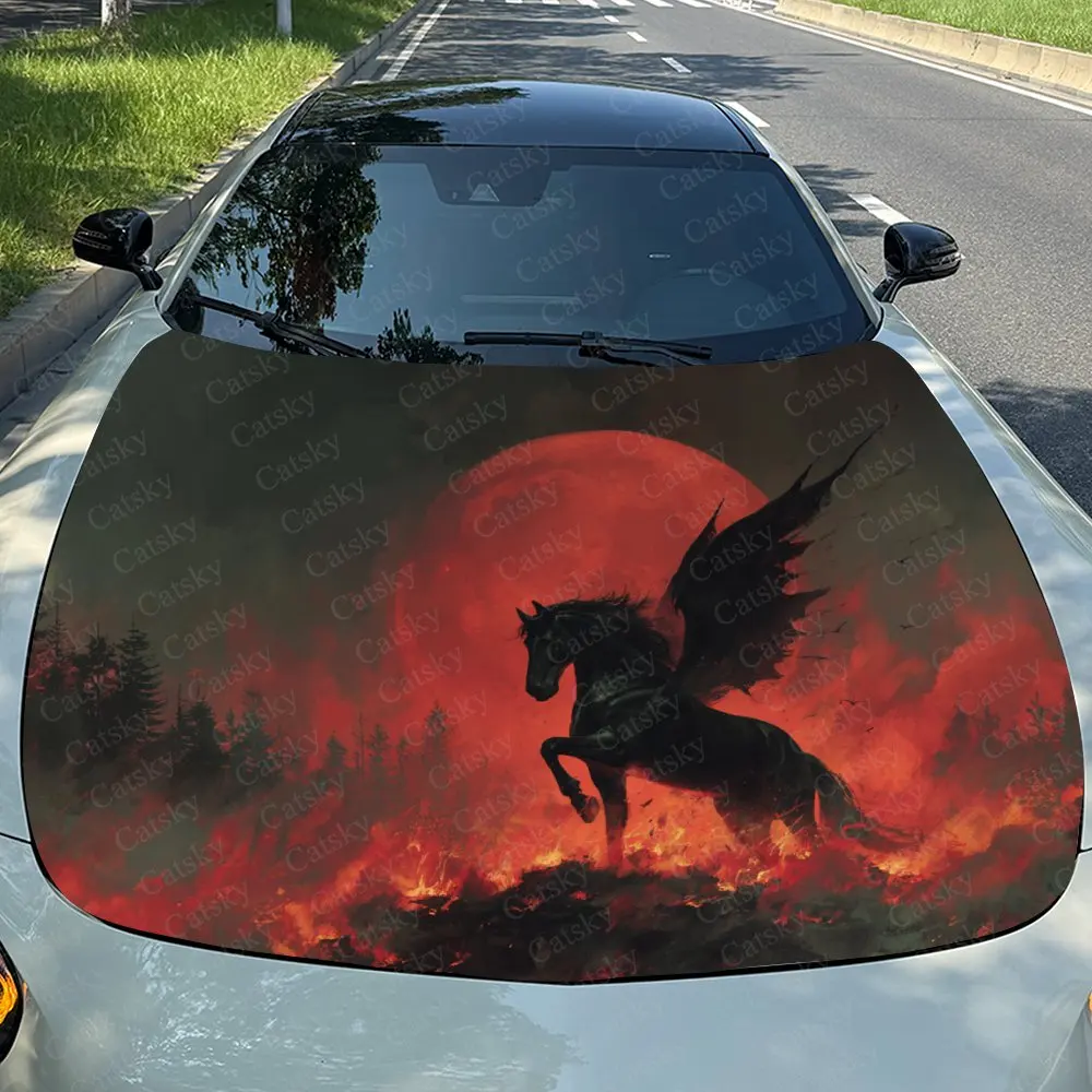 

Flame Winged Black Horse Car Sticker Paper, PVC Waterproof Engine Hood Sticker, Self-adhesive Scratch Resistant Sticker, Suitabl
