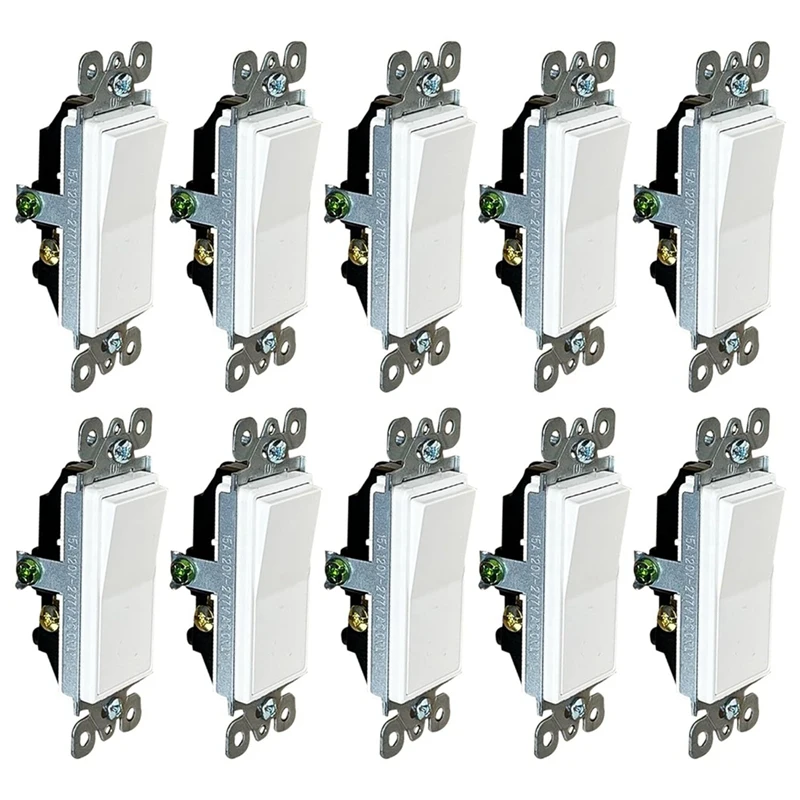 [10-Pack] 3-Way Decorator Paddle Rocker Light Switch, 3-Wire, Grounding 15A 120V-277V, White