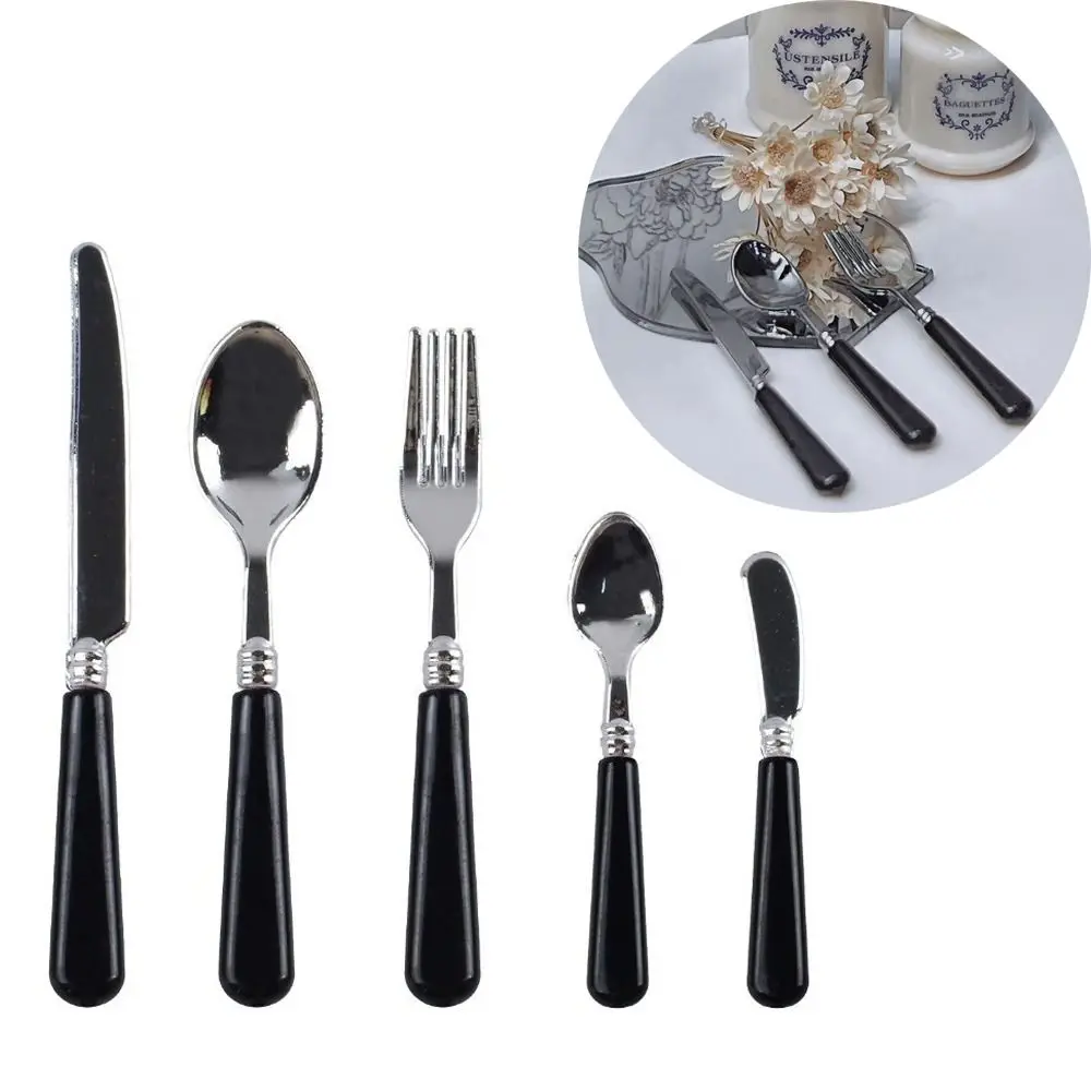 5pcs Set 1/6 Scale Miniature Dollhouse Kitchen Miniature Size Cute Design Mini Knives Forks Spoons Mini Kitchen Cutlery