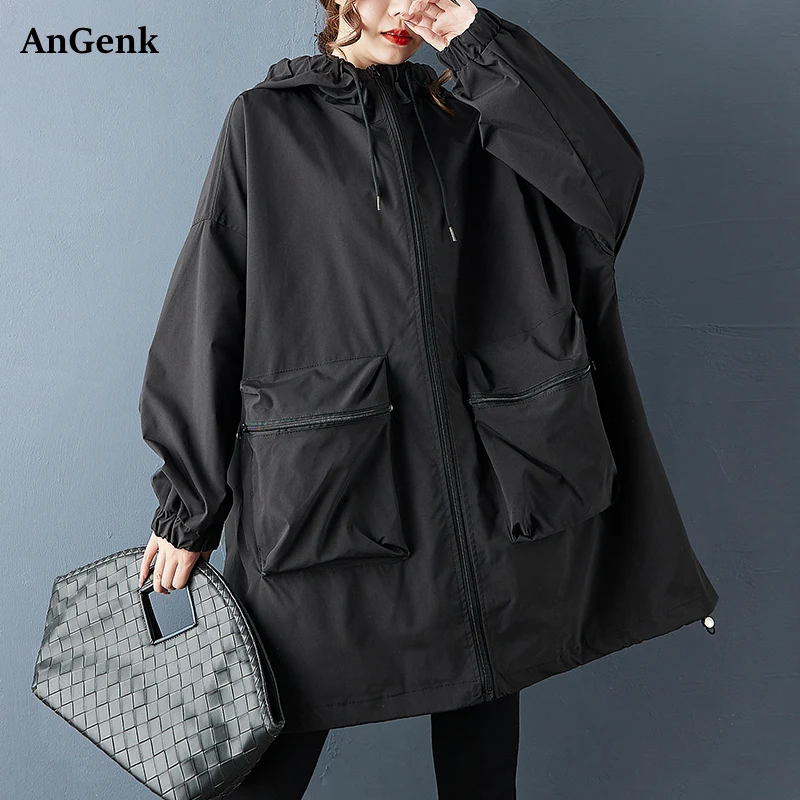 

Black Vintage Oversized Long Trench Coat For Women New Hooded Pocket Casual Loose Outerwear Cardigan Clothing Spring Autumn 2025