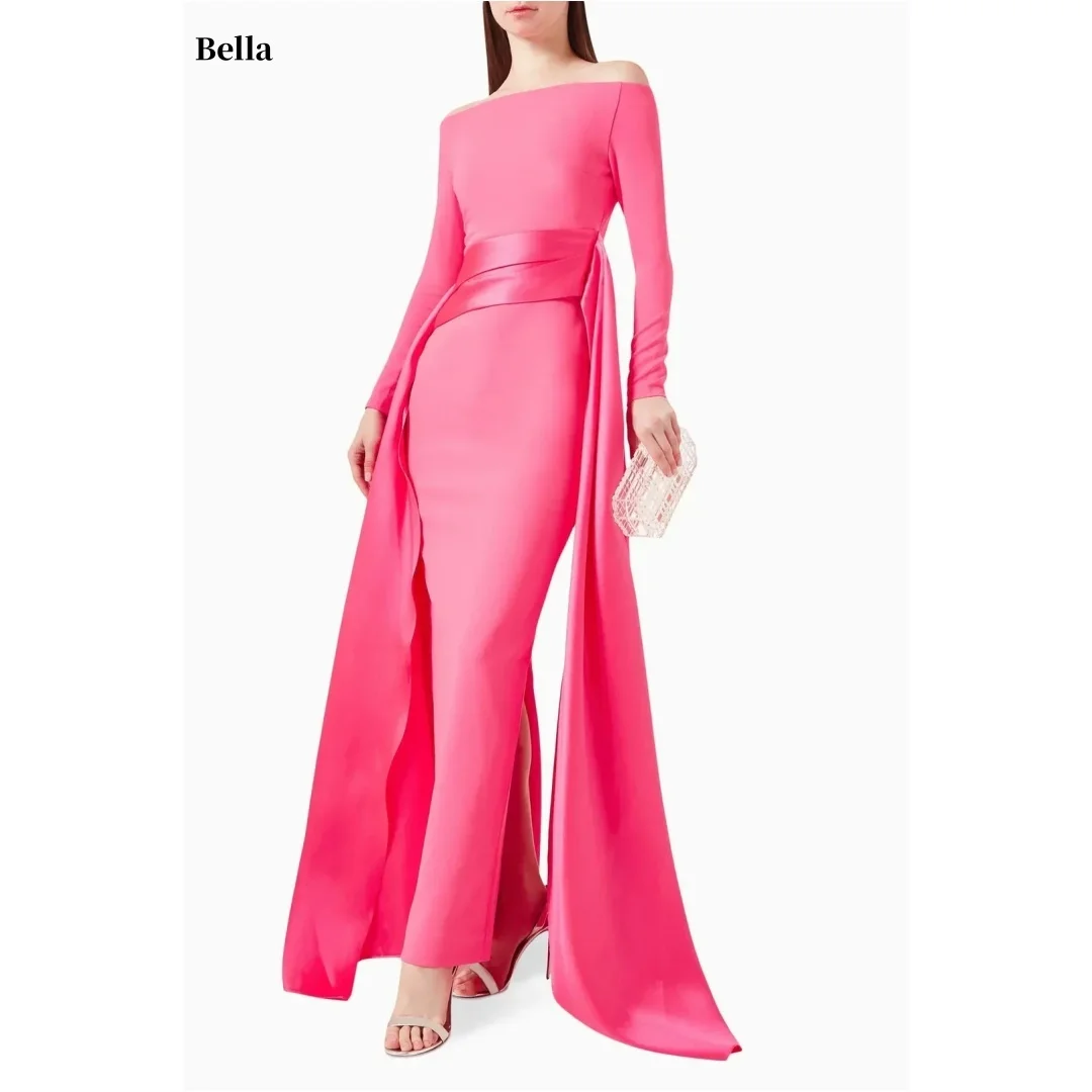 

Bella Customized Women Hot Pink Off-Shoulder Prom Dress Long Sleeve Satin Sash High Slit Party Dresses Mermaid robes de soirée