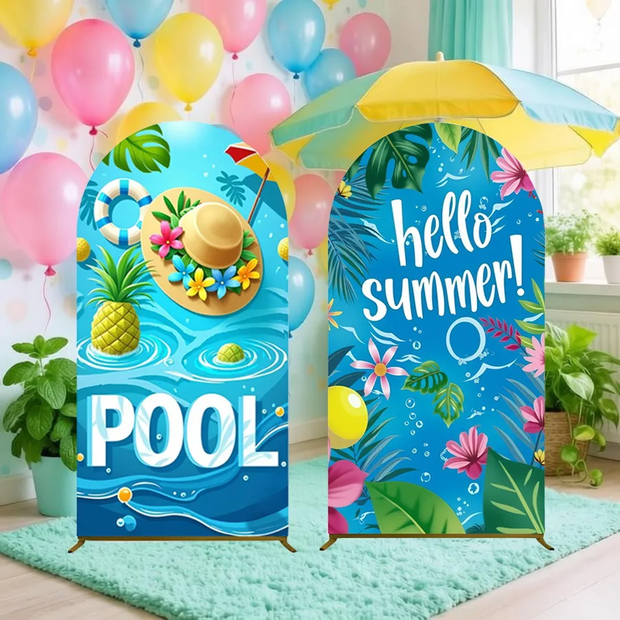 Summer Pool Party Decor Arch Cover Backdrop Swmming Pool Swim Ring Tropical Plants Flowers Birthday Party Decor Arch Stand Cover