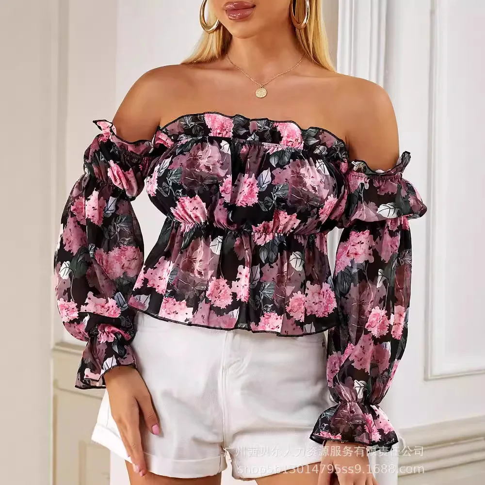 

New Long-sleeved Flower Print Off-shoulder Ruffle Shirt for Women
