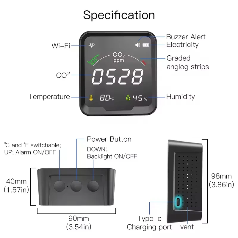 MOES Tuya Air Quality Carbon Dioxide Detector with Alarm Clock,Temperature Monitor,Humidity Air Tester,WiFi/BT,Smart,3 in 1,CO2
