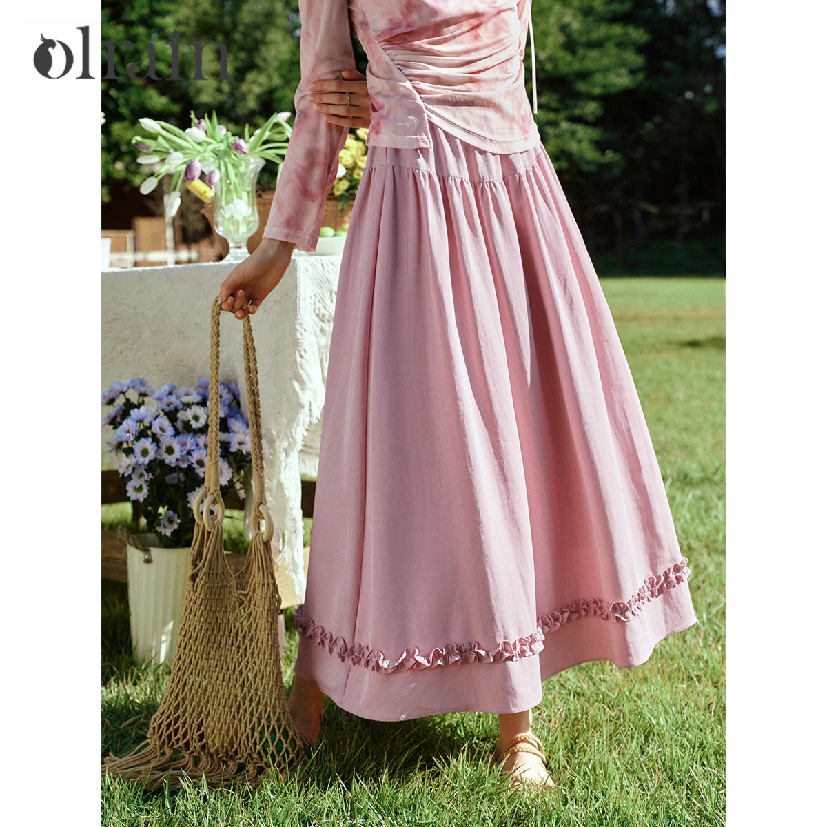 OLrain Women's Pink Maxi Skirt 2026 Spring Ladies Fashion Edible Tree Fungus Splicing Casual Umbrella Skirt Woman O58CB003385