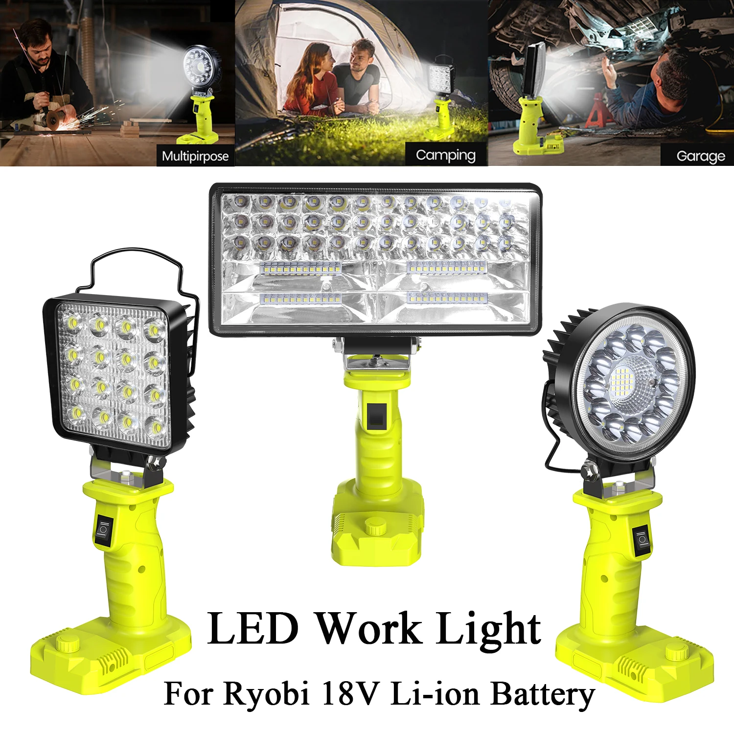 

LED Alarm Work Light Flashlight Searchlight Electric Torch Spotlight Camping Lamp For Ryobi 18V Lithium Nickel One+ Battery P108