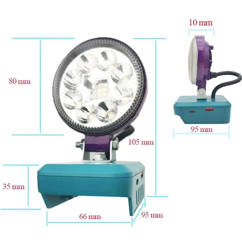 Lámpara LED de trabajo para coche, linterna tipo C, Banco de energía USB para Makita, DeWalt, Bosch, Milwaukee, batería de 18V, 3 pulgadas, 12 LED