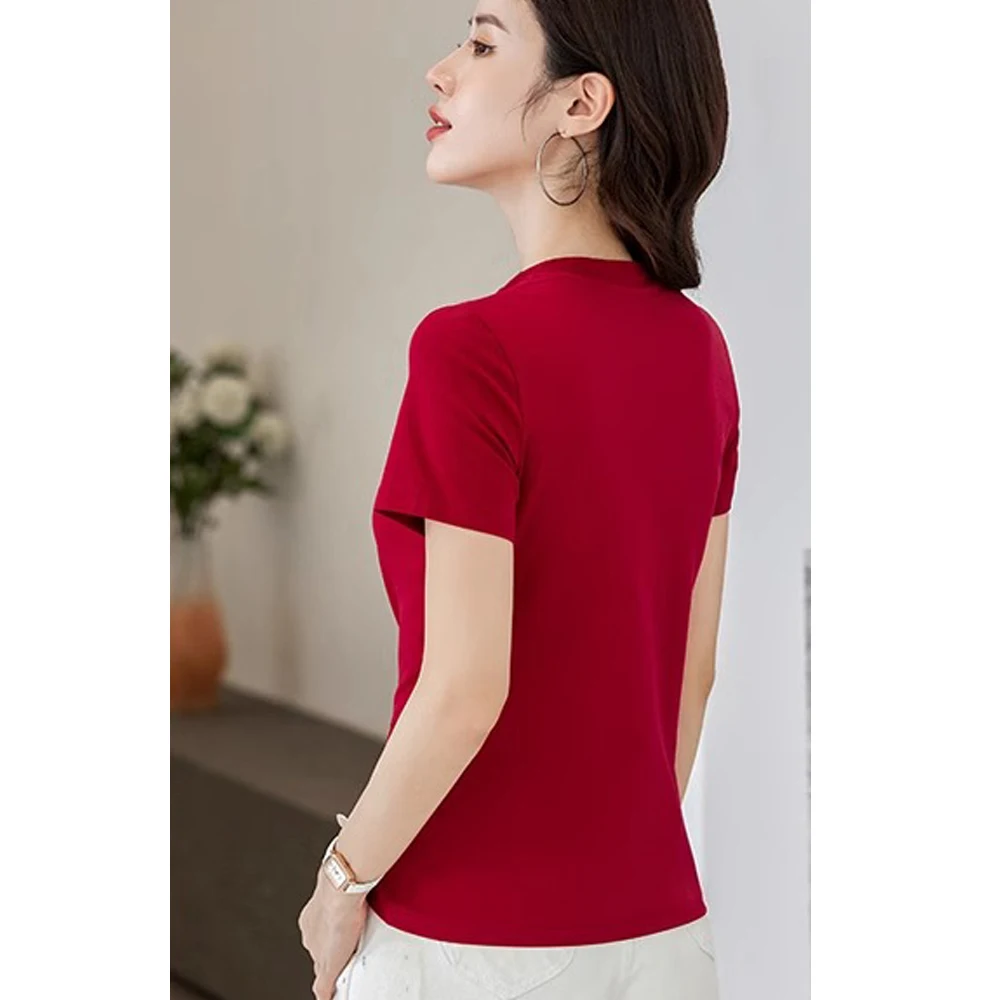 Wine red Chinese style short sleeved T-shirt for women's summer new style plus size slim fit button up collar short casual top