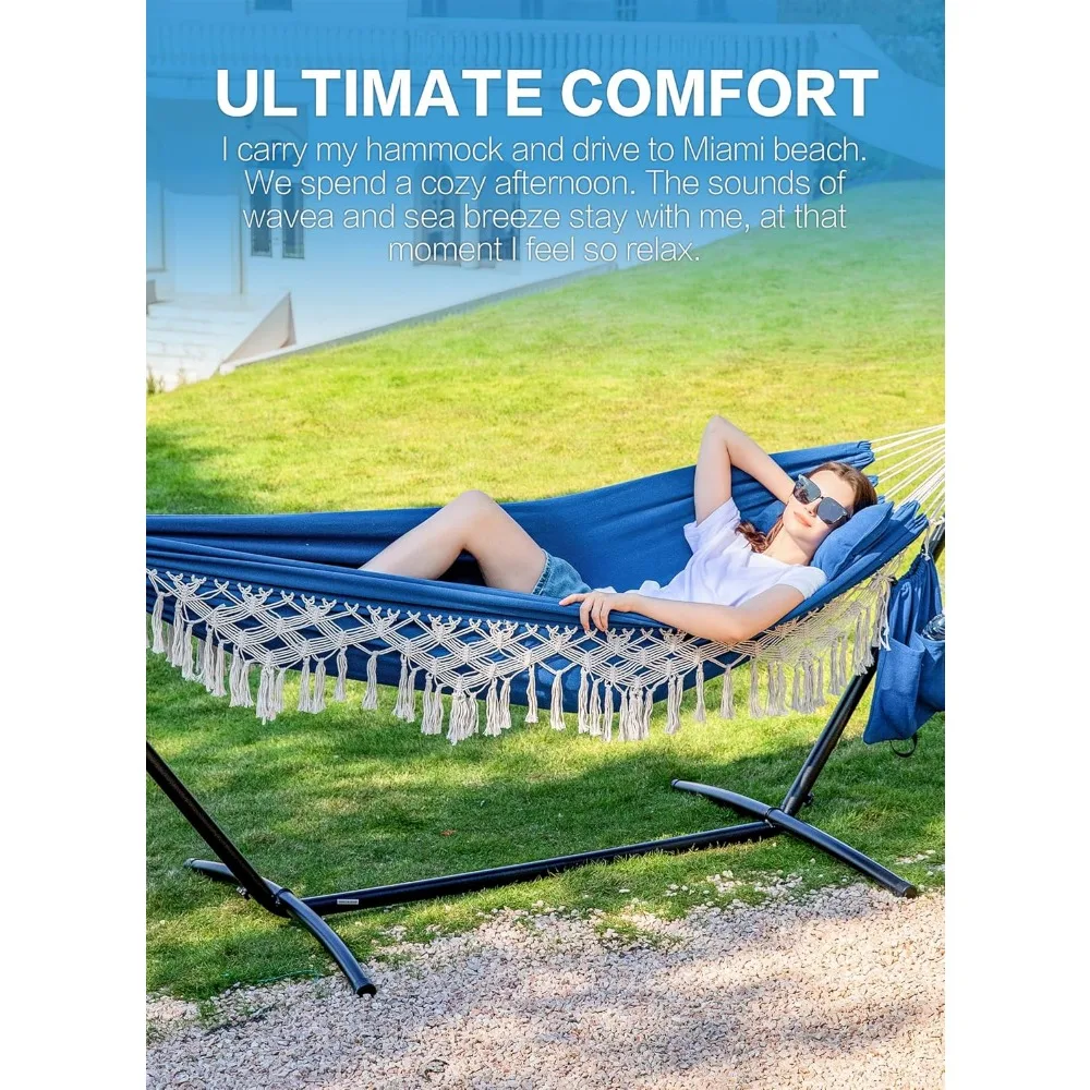 أرجوحة مزدوجة مع حامل للاستخدام الخارجي والداخلي، نمط شرابة مصنوع يدويًا، يدعم ما يصل إلى 450 رطل، تتضمن وسادة وتخزين