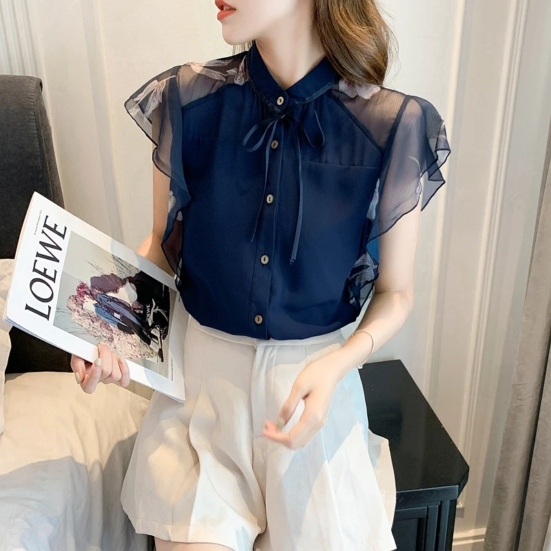 Summer Women Chiffon Blouse Shirt Women Tops Short Sleeve Blouse Women Blusas Mujer De Moda 2024 Blouses Femme Top Shirts F123