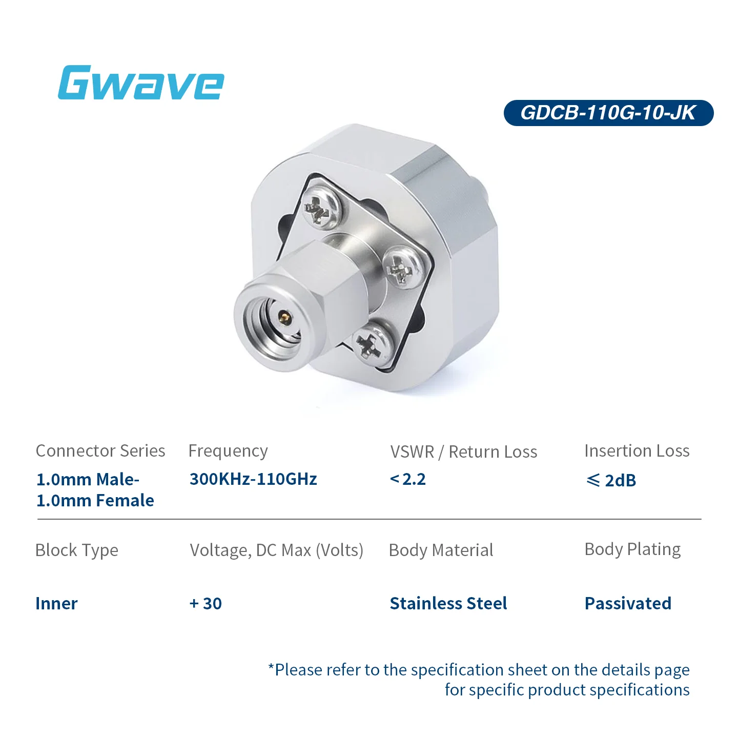 High Frequency 1.0mm Male 1.0mm Female Coaxial Connectors DC Block Inner Conductor 50 Ohm Stainless Steel RoHS Compliant