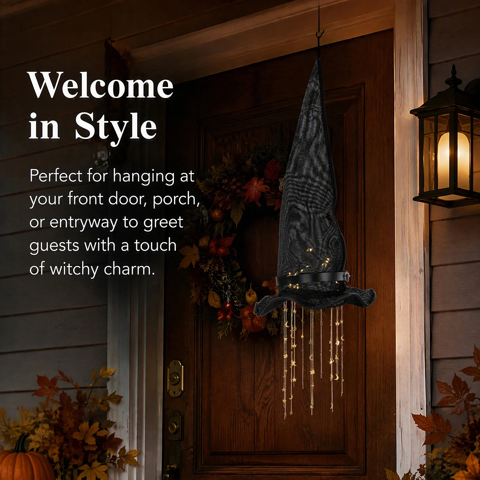 Halloween Witch Hat Wind Chime Glowing Hanging Ornament Iron Fabric Star Porch Door Window Decor 55cm