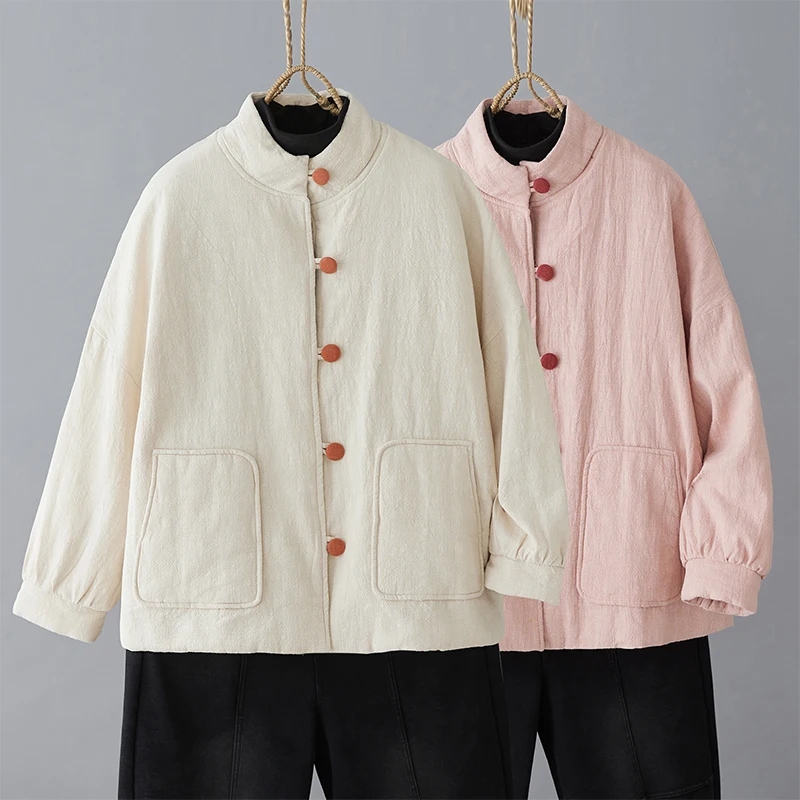 

High-End Cotton Linen Retro Style Women's Winter Thickened Short Coat Artistic New Chinese Style Cotton Jacket Long Sleeve