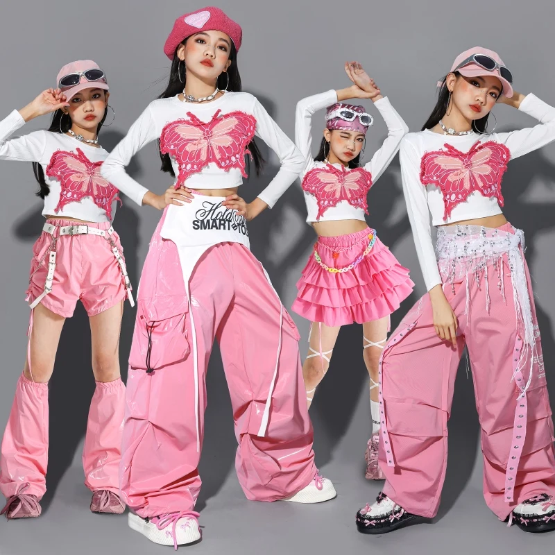 أزياء الفتيات الوردي لموسيقى الجاز بأكمام طويلة ملابس السرة تنورة البضائع السراويل الاطفال المشجع ملابس الرقص الهيب هوب ملابس الأداء BL17099