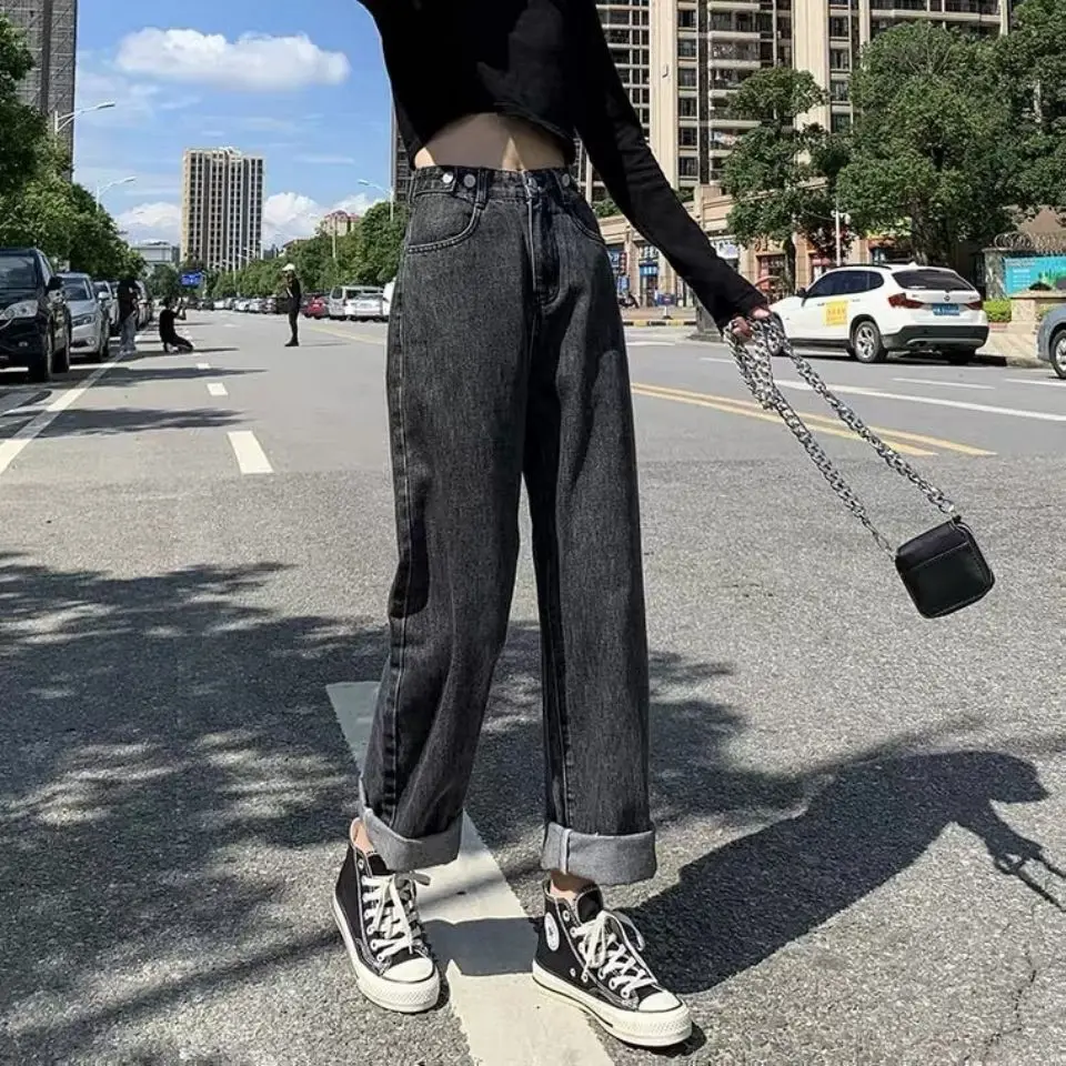 

Jeans Women Button Adjustable Waist Retro Trendy Streetwear All-match Simple Leisure Teenagers Preppy Style Female Bleached New