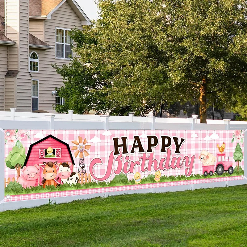 Rosa Bauernhof-Tier-Thema Happy Birthday Banner Happy Birthday Party Dekoration Bauernhof-Thema Erste Geburtstagsfeier Zubehör