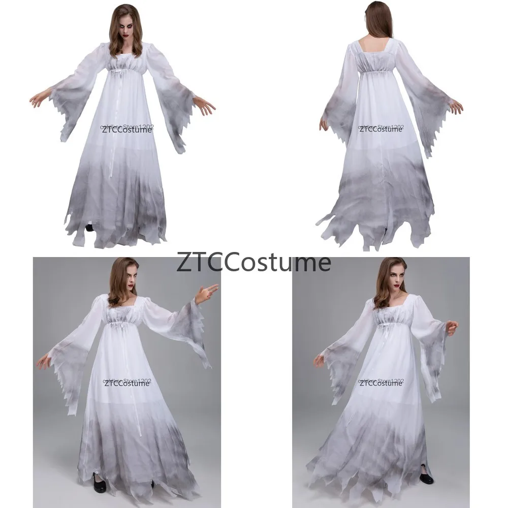 Costume de mariée gothique victorienne blanche, robe de cosplay d'Halloween effrayante et sinistre pour femmes