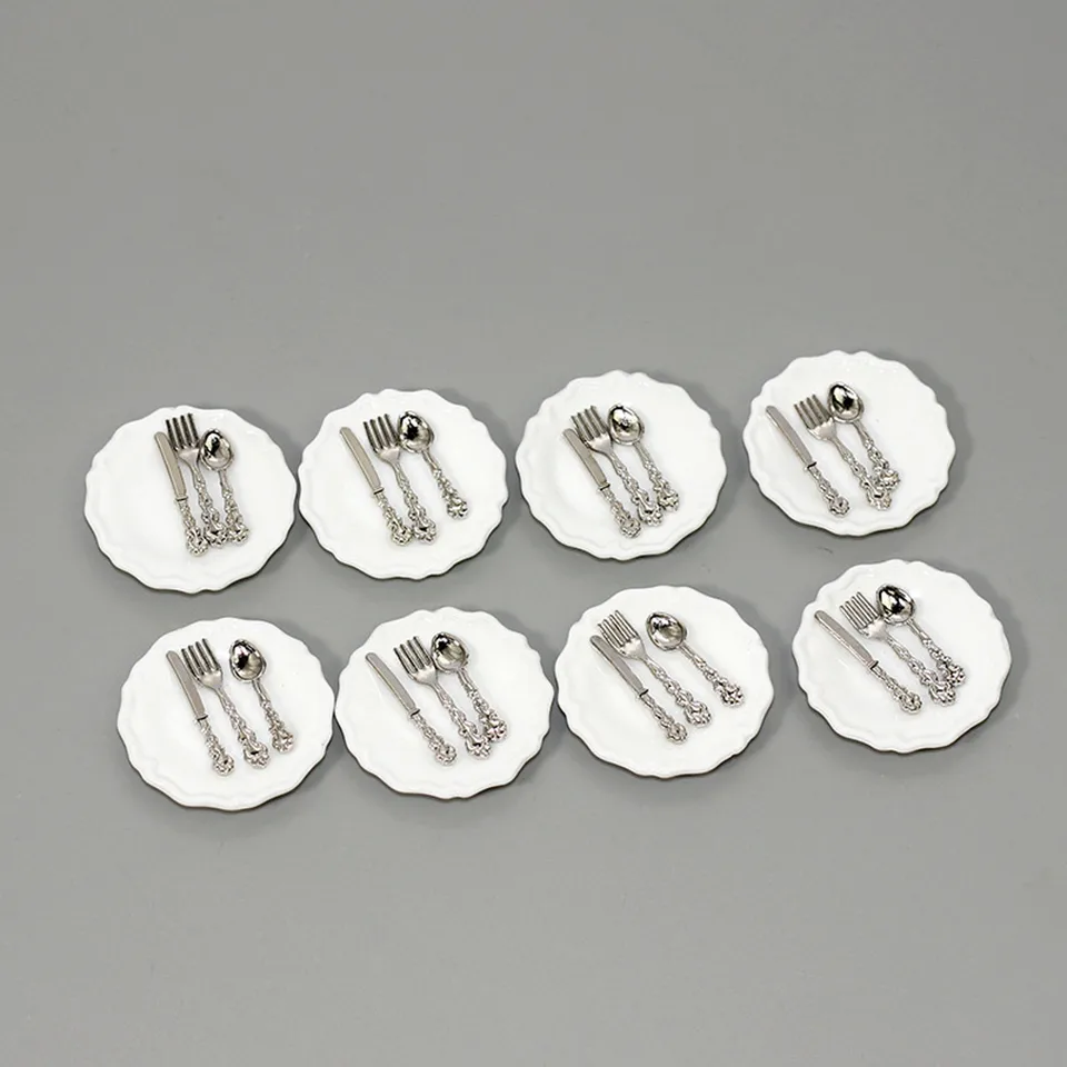 Vaisselle Miniature Mini assiette en céramique fourchette cuillère en alliage maison de poupée cuisine meubles alimentaires jouets bricolage maison de poupée accessoires enfant jouet