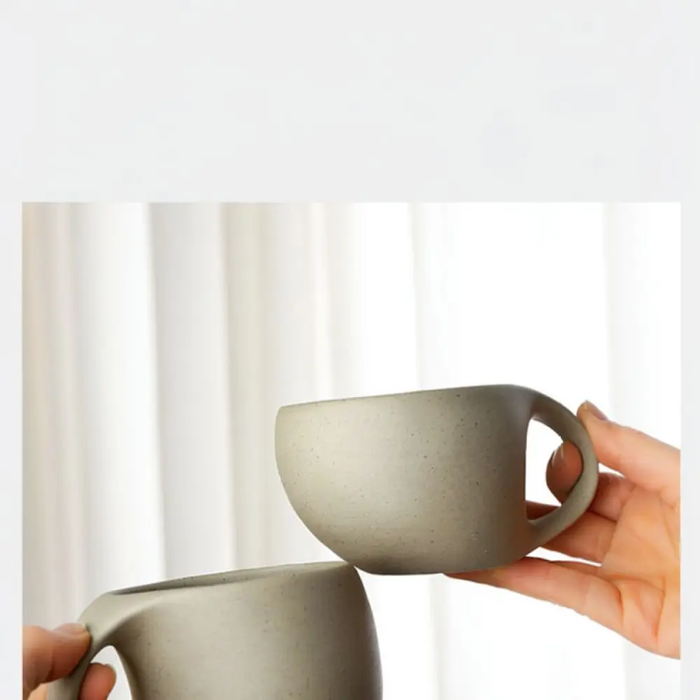 Modern Chinese Aesthetic Crescent Mug With Wood Tray Retro Coarse Pottery Ceramic Coffee Tea Cup Artistic Kitchen Decor