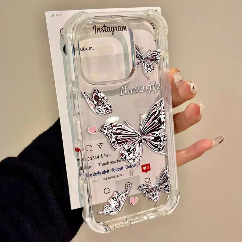 Cute Love Heart Silver Butterfly Case For Samsung Galaxy S26 Ultra S25 S24 S23 Plus S26FE S25edge S22 S20 Soft Silicone Cover