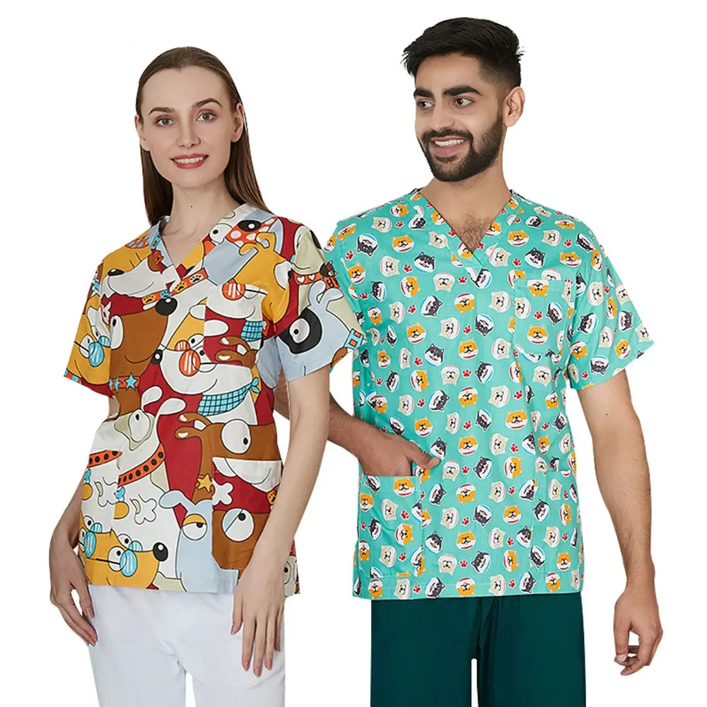 Cartoon Printed Nurse Dress for Women V-neck Short-sleeved T-shirt Top Scrubs Overalls for Men Nurses Accessories for Hospital