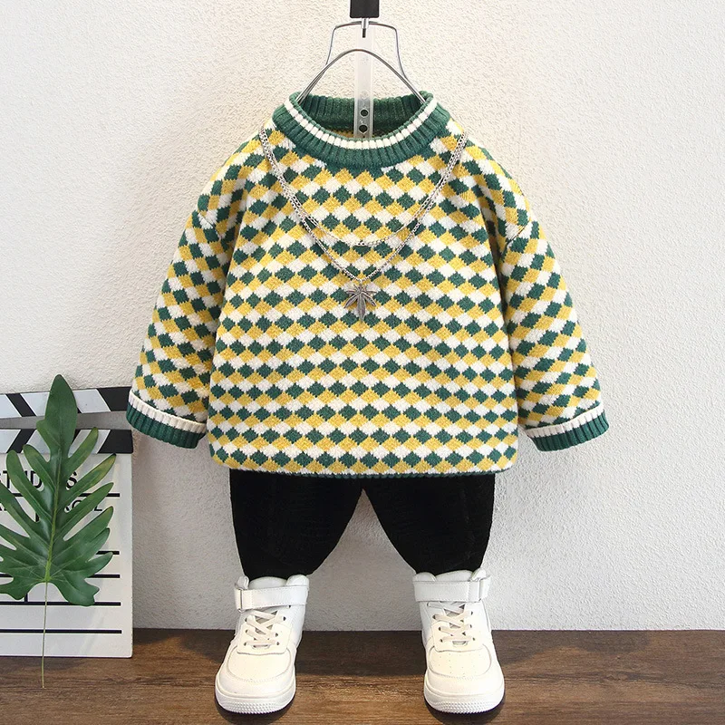 Boys sweater autumn and winter thickened new children's foreign style round neck plaid knitted sweater baby warm