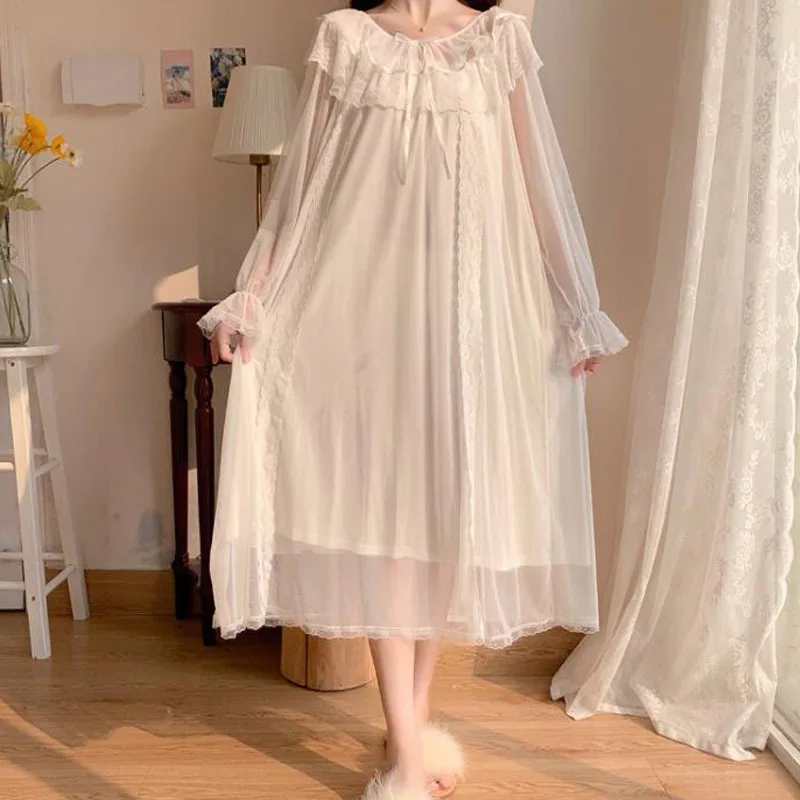 White Lace Mesh Fairy Night Dress Women Lolita Dress Princess Sleepwear Victorian Vintage Nightgown Kawaii Nightdress Loungewear