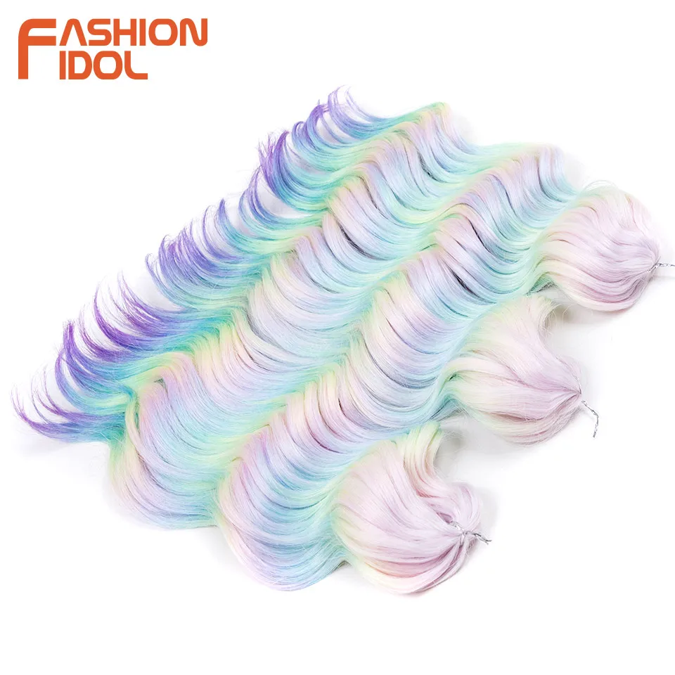 FASHION IDOL Deep Wavy Twist Crochet Hair Synthetic Curly Hair 3PCS Crochet Braids Ombre Rainbow 16Inch Braiding Hair Extensions