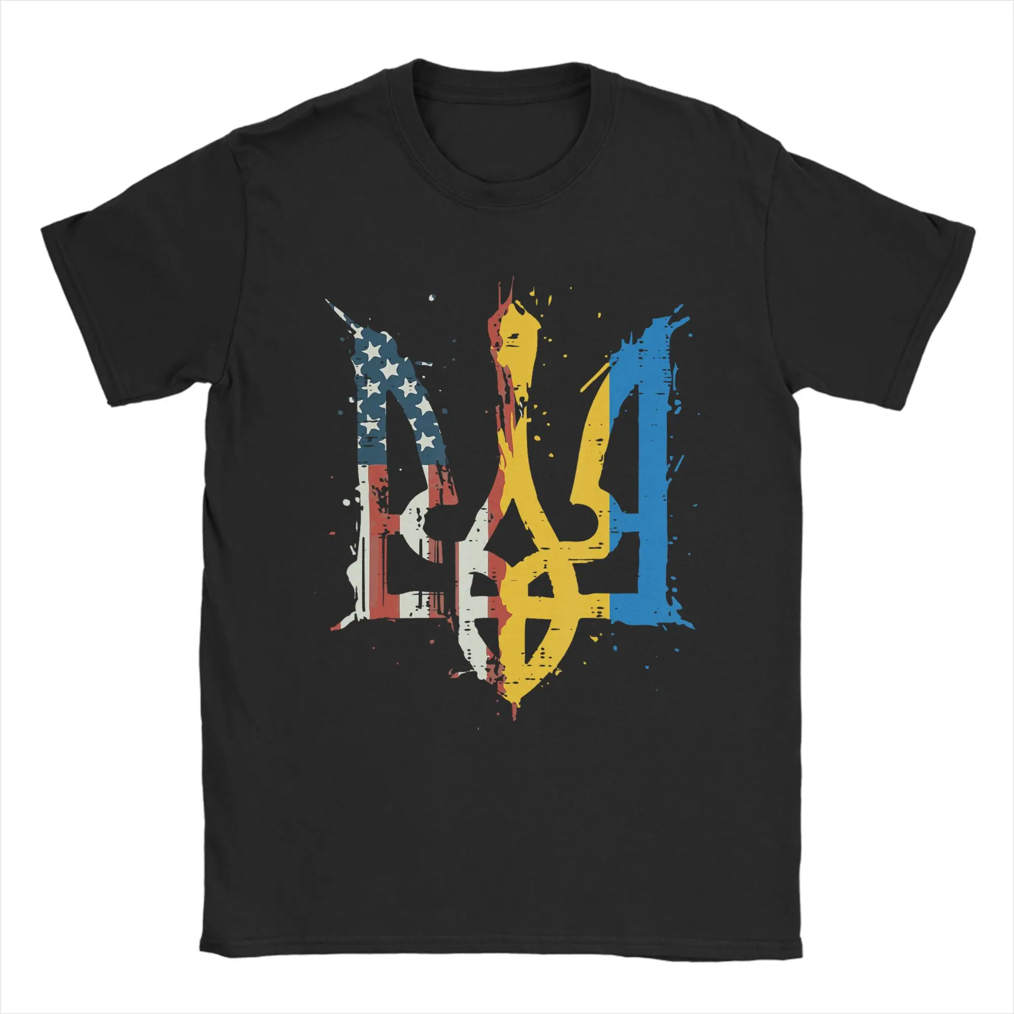 

Ukraine America Flag Trident Ukrainian Tryzub T-Shirt Beach Hip Hop T-Shirts Cotton O-Neck Oversize Top Tees Y2K Retro Tshirt
