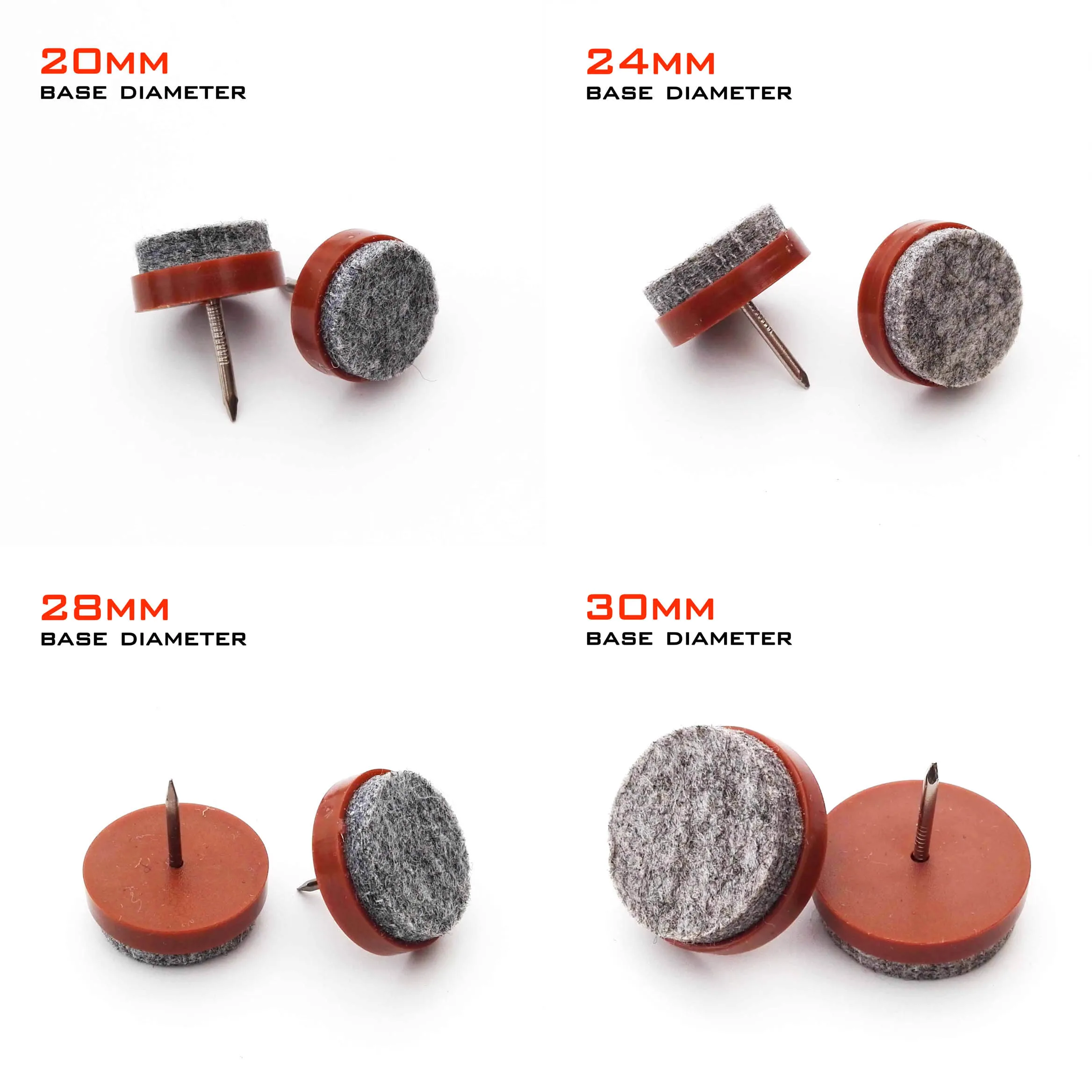 HZYUEGOU 20 Stück braune Möbelfüße für Stühle und Tische, Filzgleiter, Bodenschutz, rutschfest, geräuschlos, zum Aufnageln, 20/24/28/30 mm – Detail 1