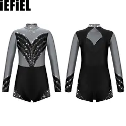 Kids Girls Contrast Color Dance Leotards Shiny Diamond Decorated Long Sleeve Stand Collar Hollow Back Gymnastic Dance Jumpsuit