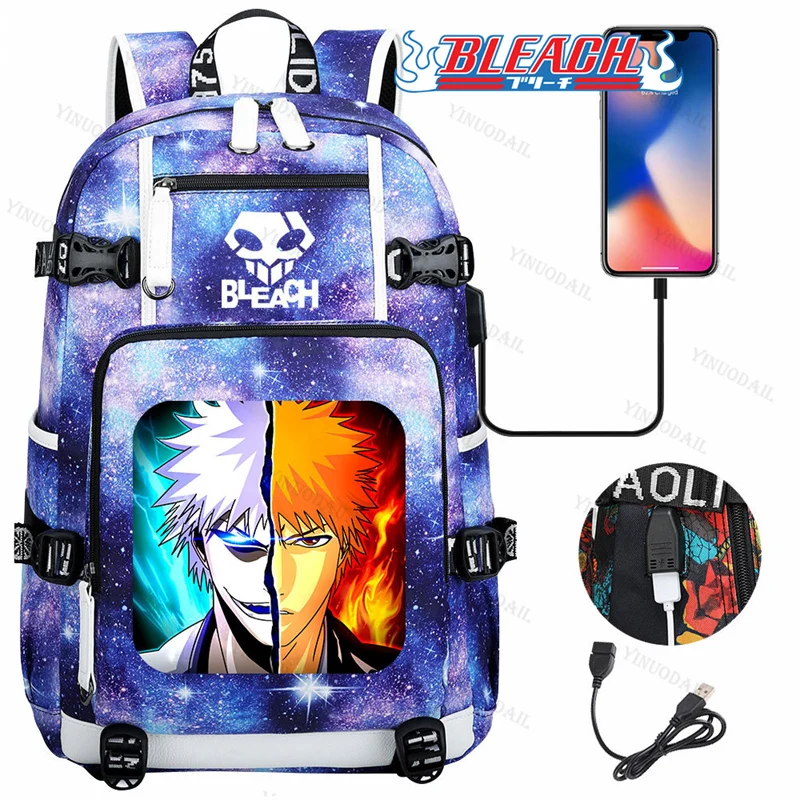 Shihouin Yoruichi Backpack BLEACH Theme Schoolbags with USB Mochila De Viaje for Study Stationery Rukia Anime Figures Book Bags