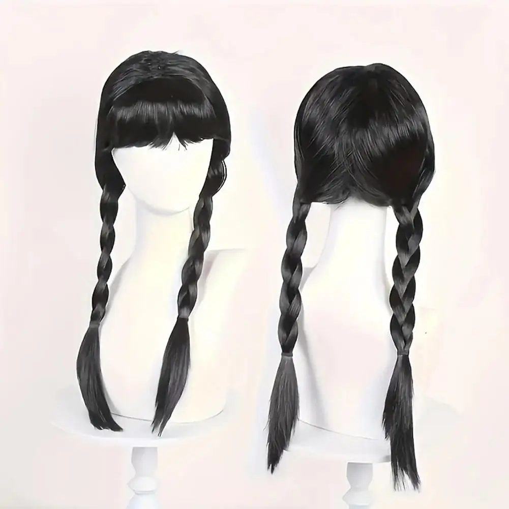 NEW Braided Black Wig Synthetic Addams Black Braided Pigtail Wig Braids Halloween Costume Compatible Wednesday Addams Wig
