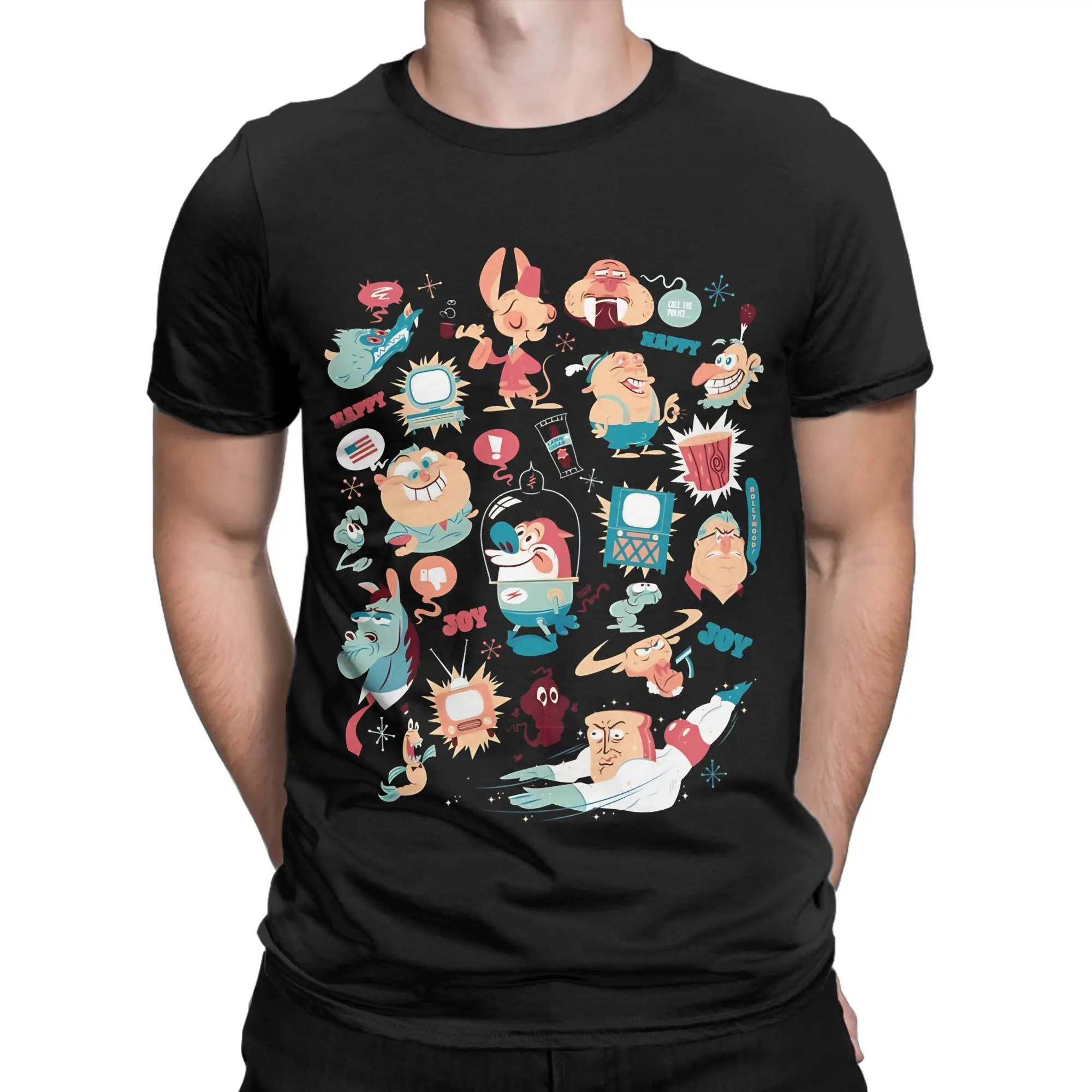 Eediot Box Novelty 100% Cotton T-Shirt R-Ren & Stimpy Tees Tops For Men