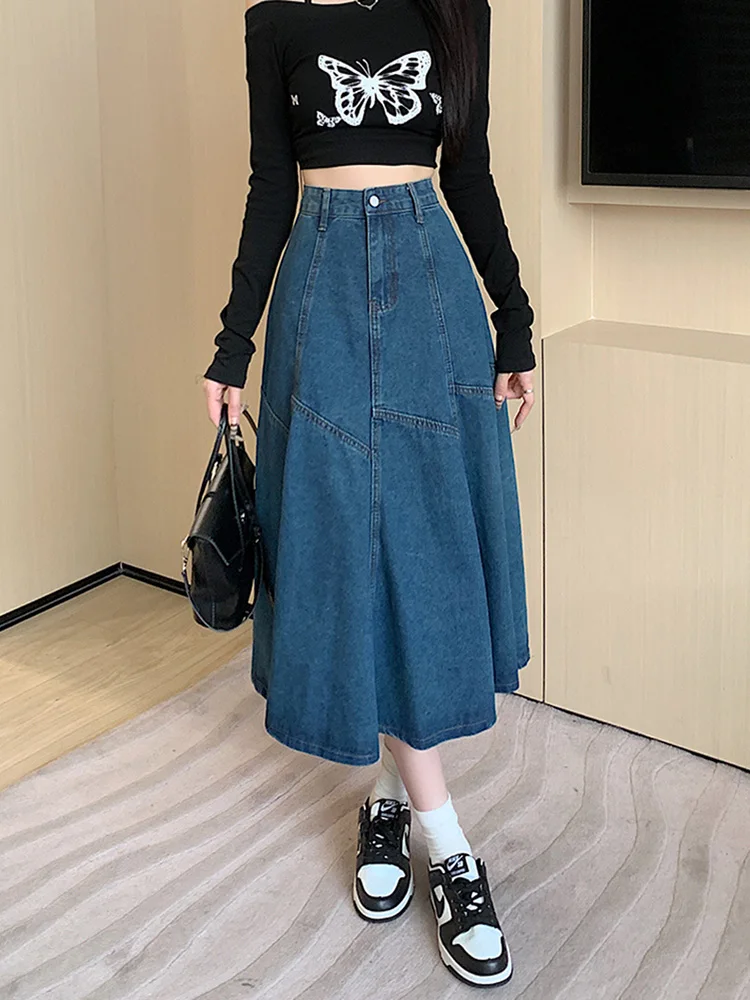 New Women Spring Summer Black Denim Skirt Fashion High Waist Patchwork A-Line Mid-Calf Skirt Vintage Casual Plus Size Skirt