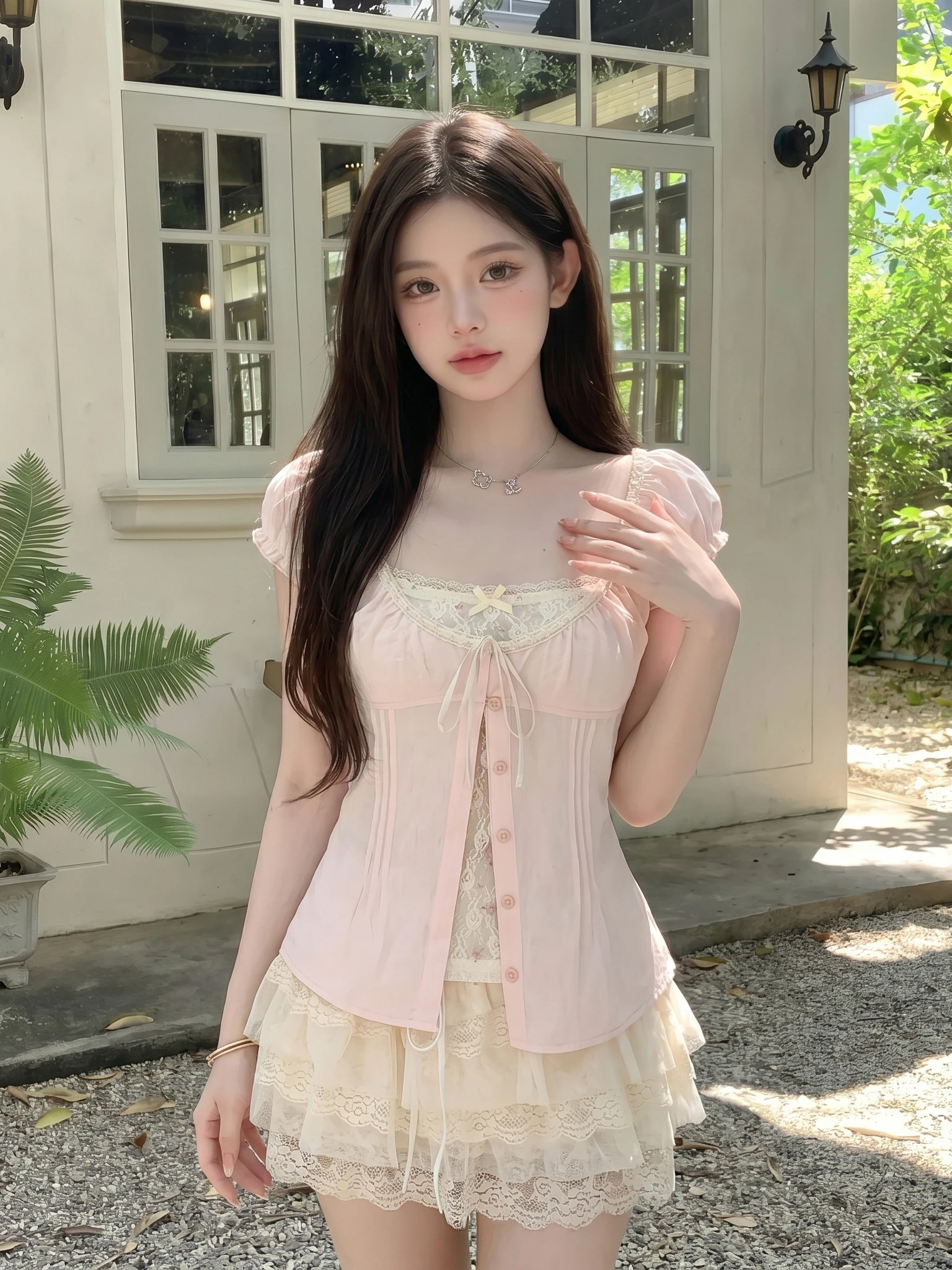 

Color Block Bubble Sleeve U-Neck Faux Two-Piece Top Women's Sweet Style Korean Fashion Waist-Cinching Belted Short Sleeve Shirt