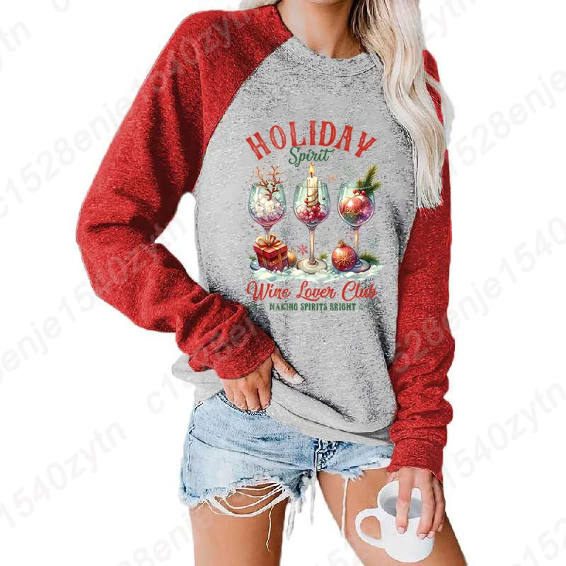 

Women Fashion Pullover Christmas Holiday Spirit Wine Lover Club Graphic Long Sleeve T-Shirt Soft Sweatshirts Round Neck Pullover