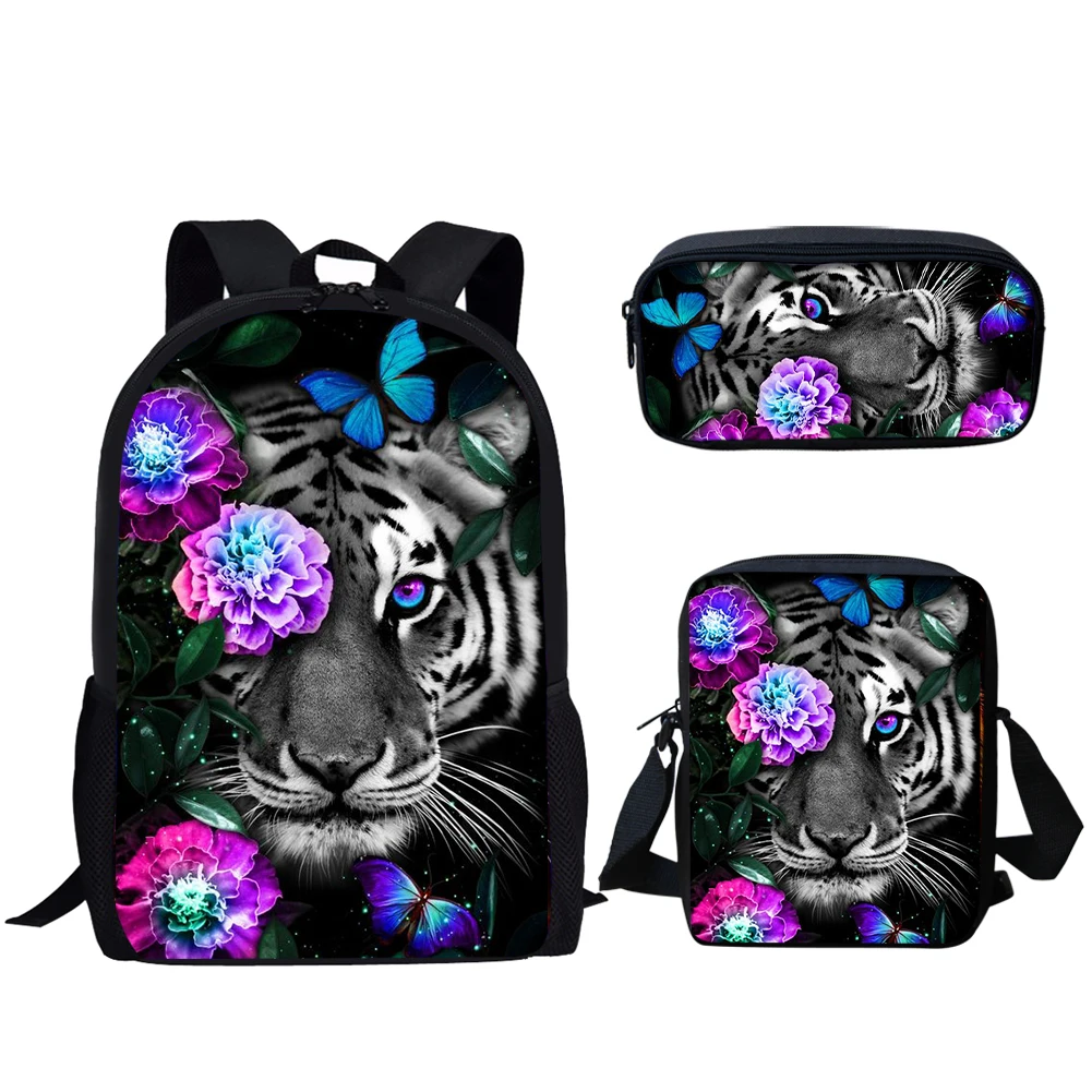 Purple Tiger Print Kids Backpack Lightweight Daypack Set 3 Pieces with Lunch Bag Pencil Case for Teenagers Girls Boys School Bag