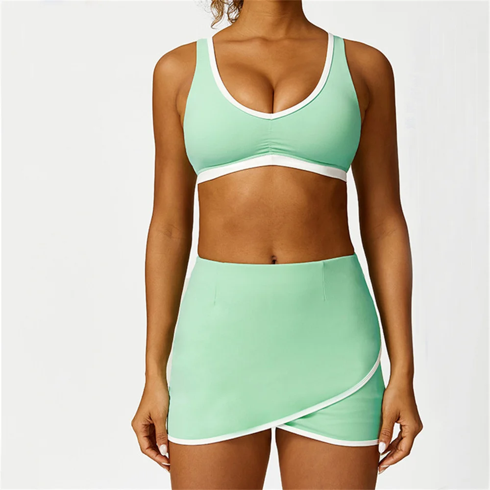 1/2Pcs Nylon Tennis Sports Women Yoga Set Fitness Bra Pocket Anti Shorts Skirt Gym Push Up Workout Running Active Wear Suits image 4