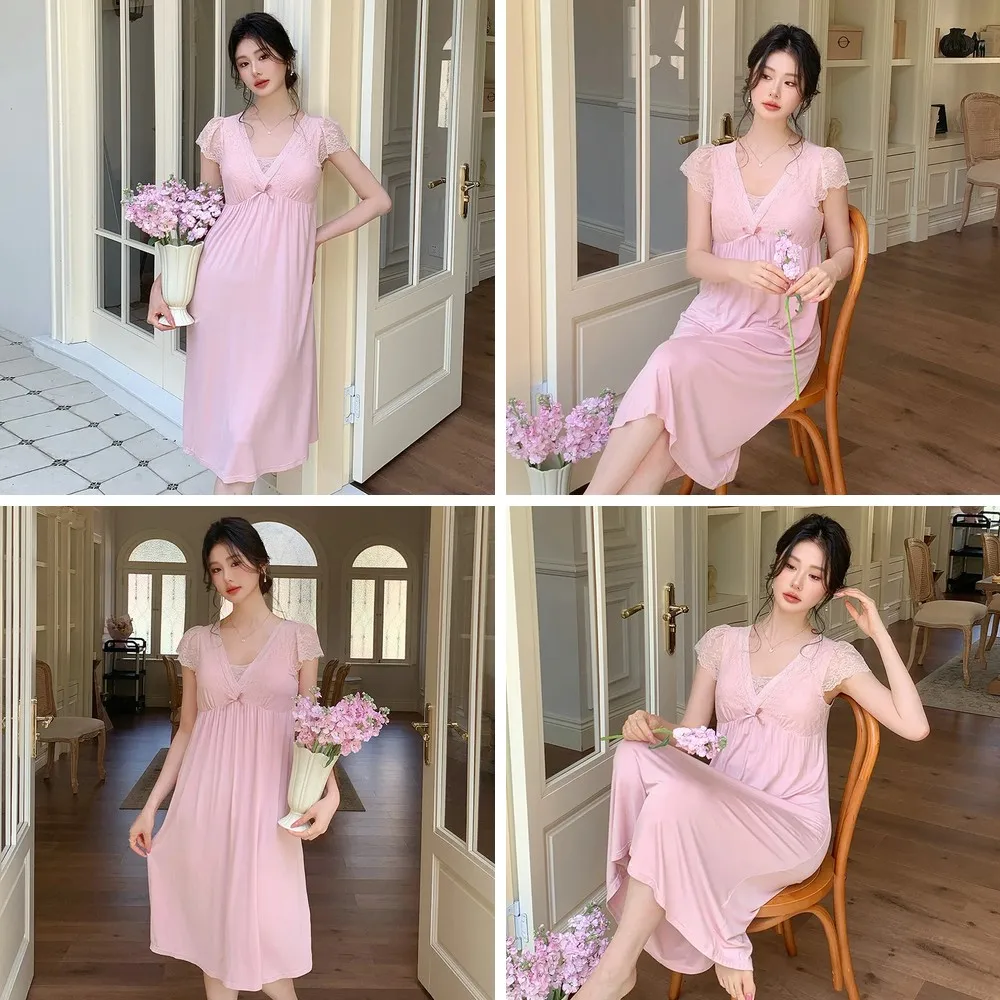 

French Style Women's Nightgown Summer V-Neck Lace Sleepwear Cool Modal Slip Dress